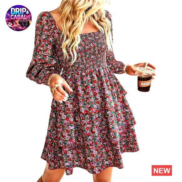 Long Sleeve Smocked Floral Mini Dress Square Neck Pull On